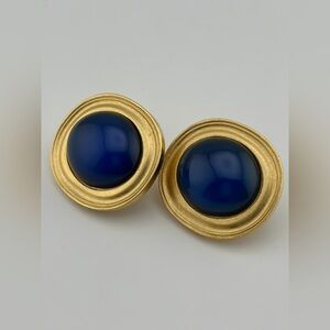 YSL Vintage 80’s Gold Blue Cabochon Clip Earrings Runway Paris France